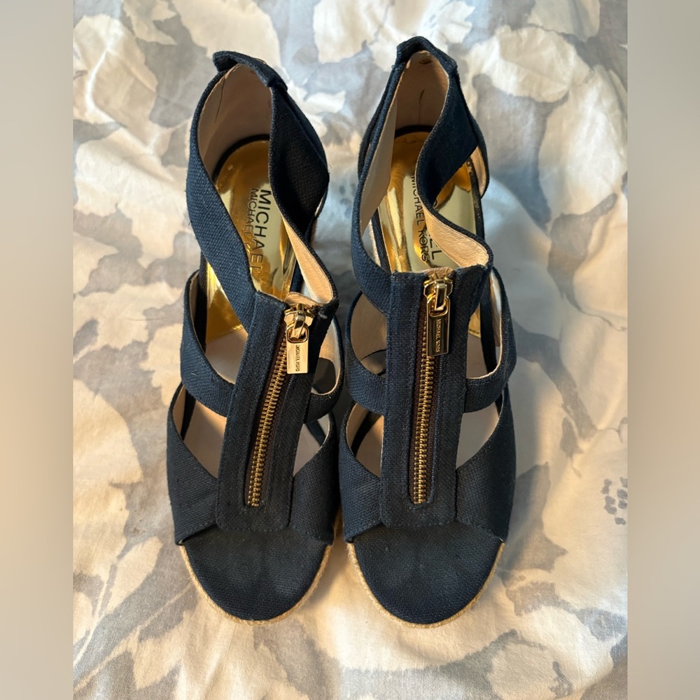 Michael Kors Black Strappy Heels with Gold Accents